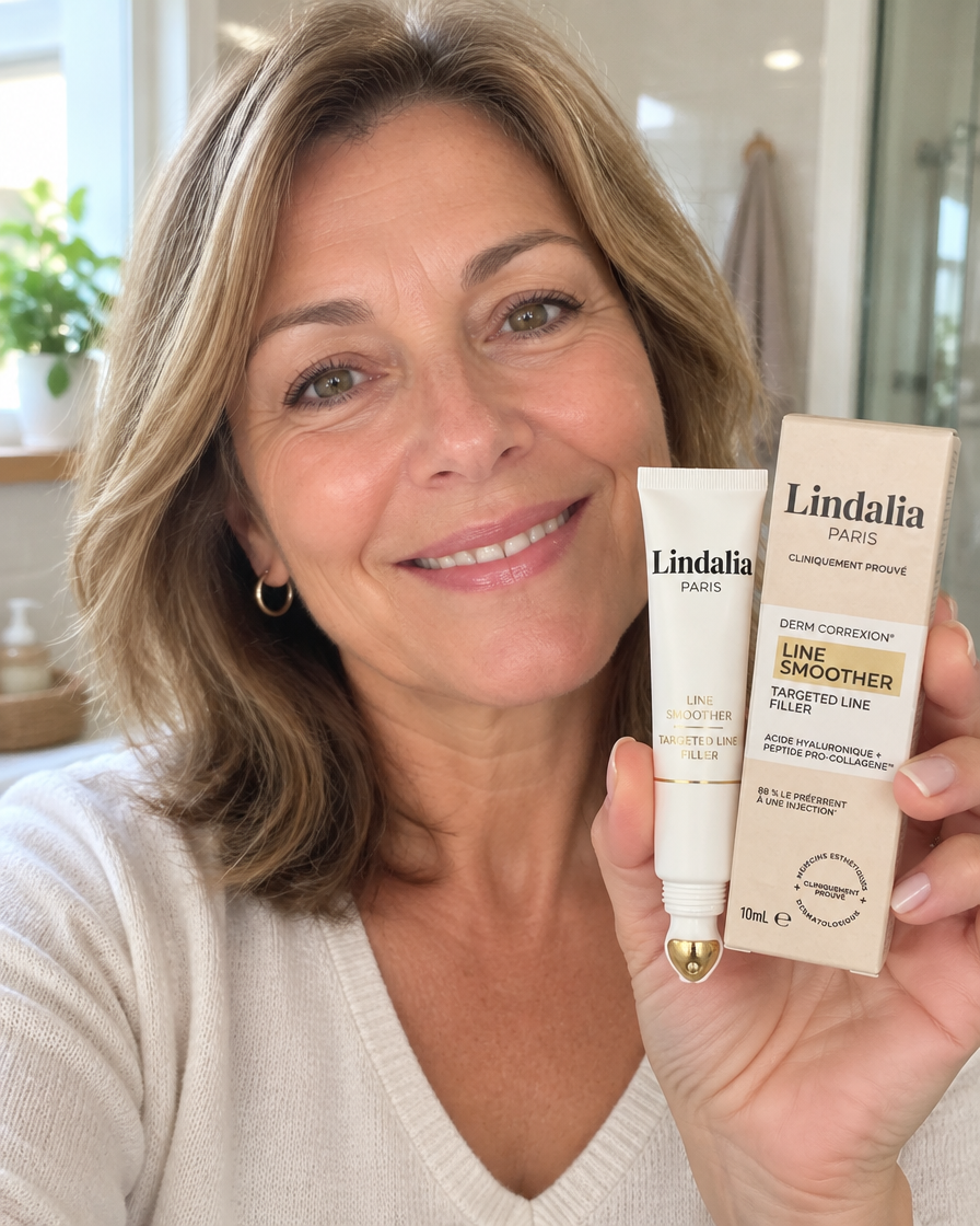 Customer holding Lindalia Line Smoother tube and box
