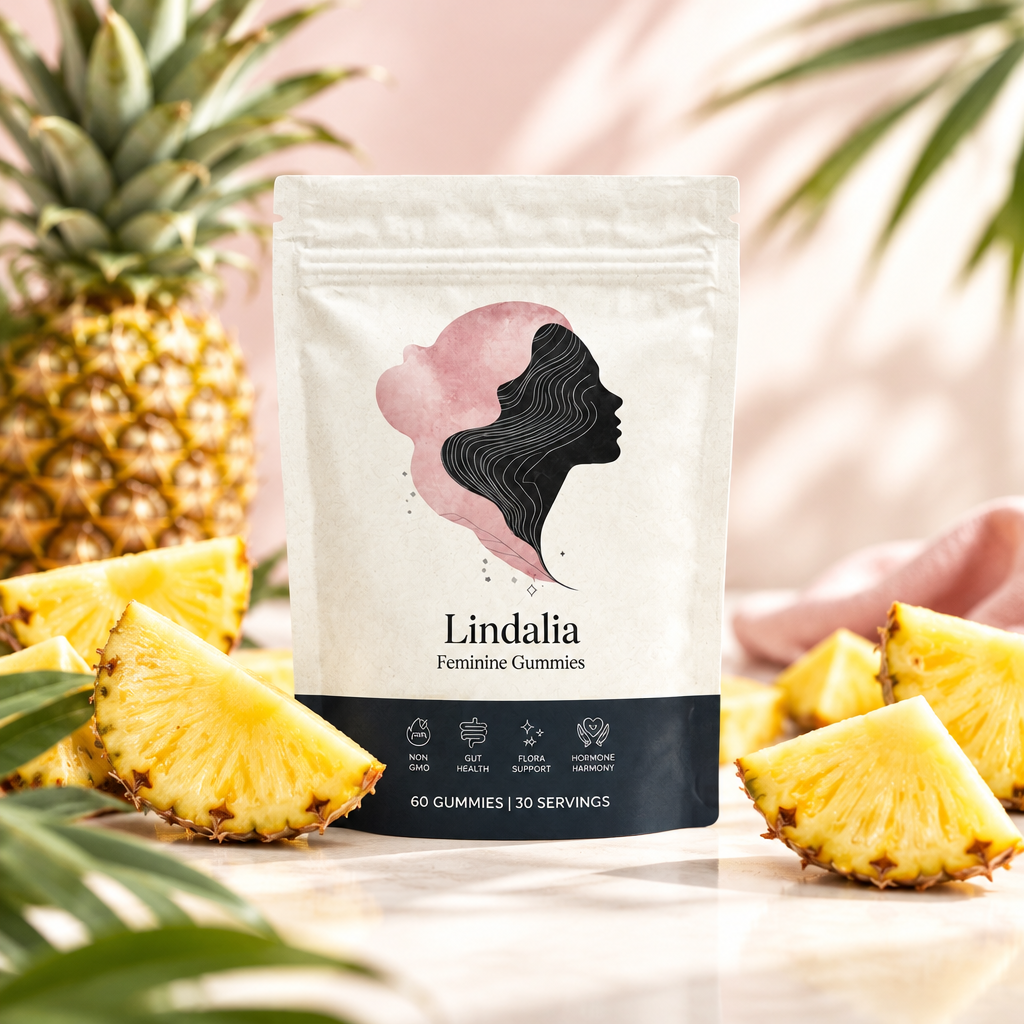 Lindalia Feminine Gummies pouch with fresh pineapple