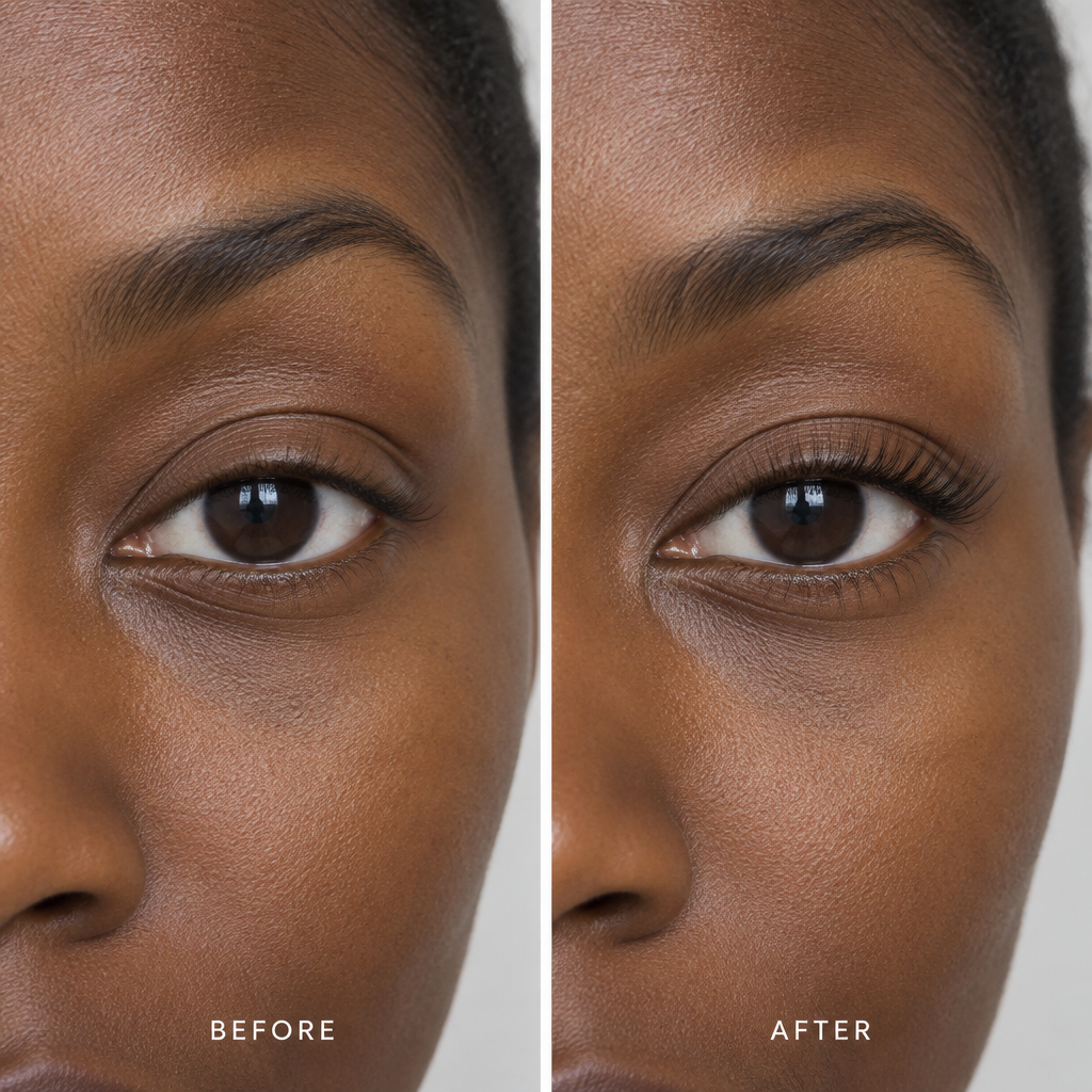 Lashes before and after, deep skin tone