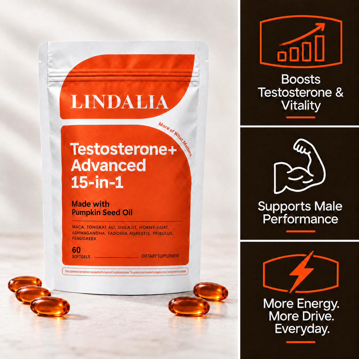 Lindalia Testosterone+ Advanced 15-in-1 Softgels