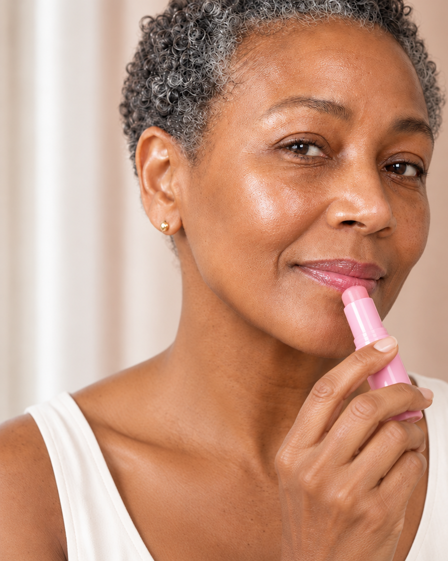 Woman applying Lindalia PDRN pink collagen volume balm to her lips