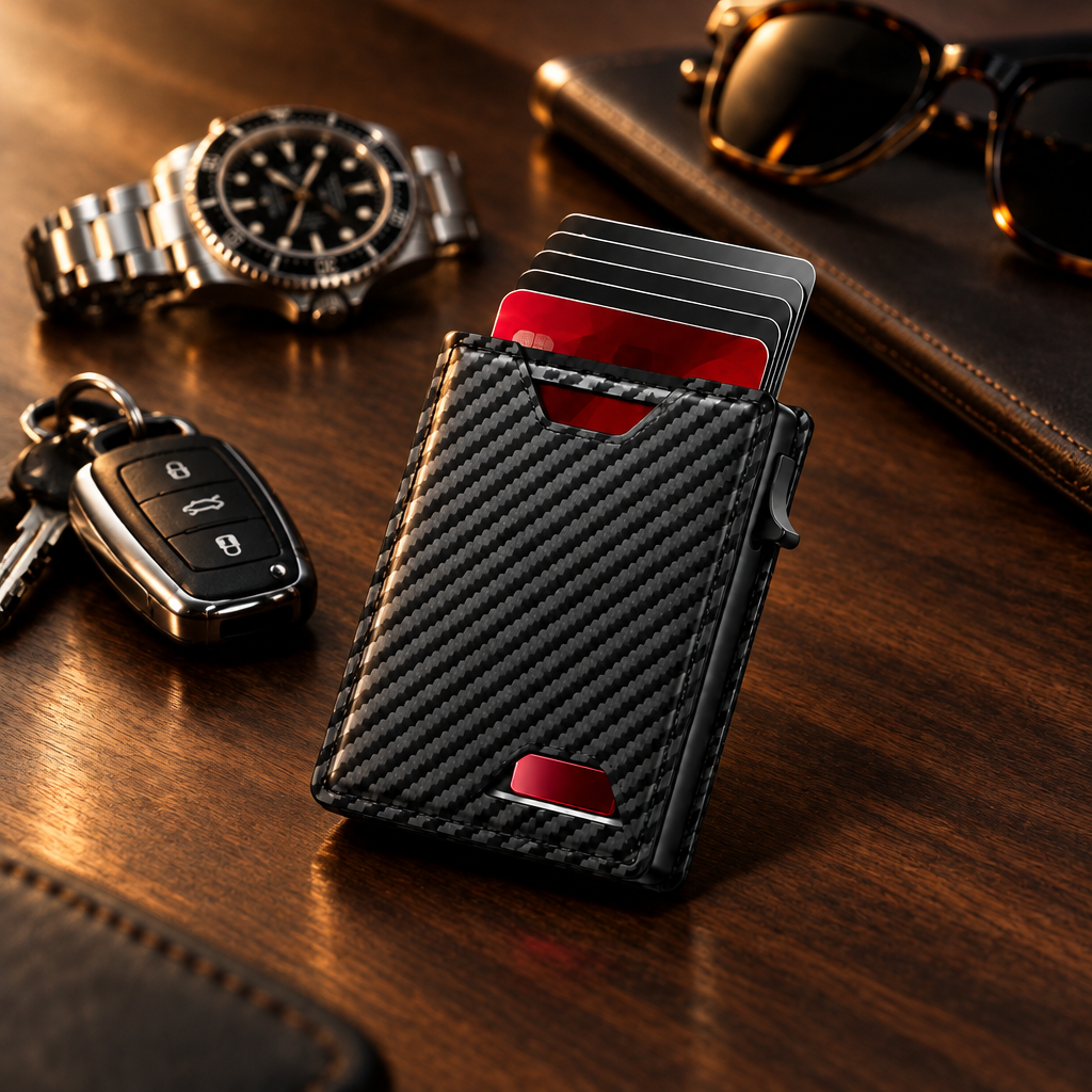Lindalia carbon-fiber pop-up RFID wallet on a desk